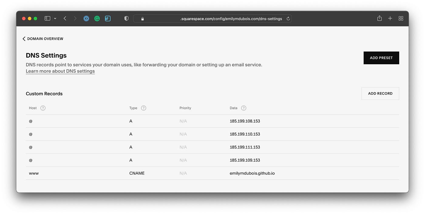 Squarespace custom records in the DNS settings.