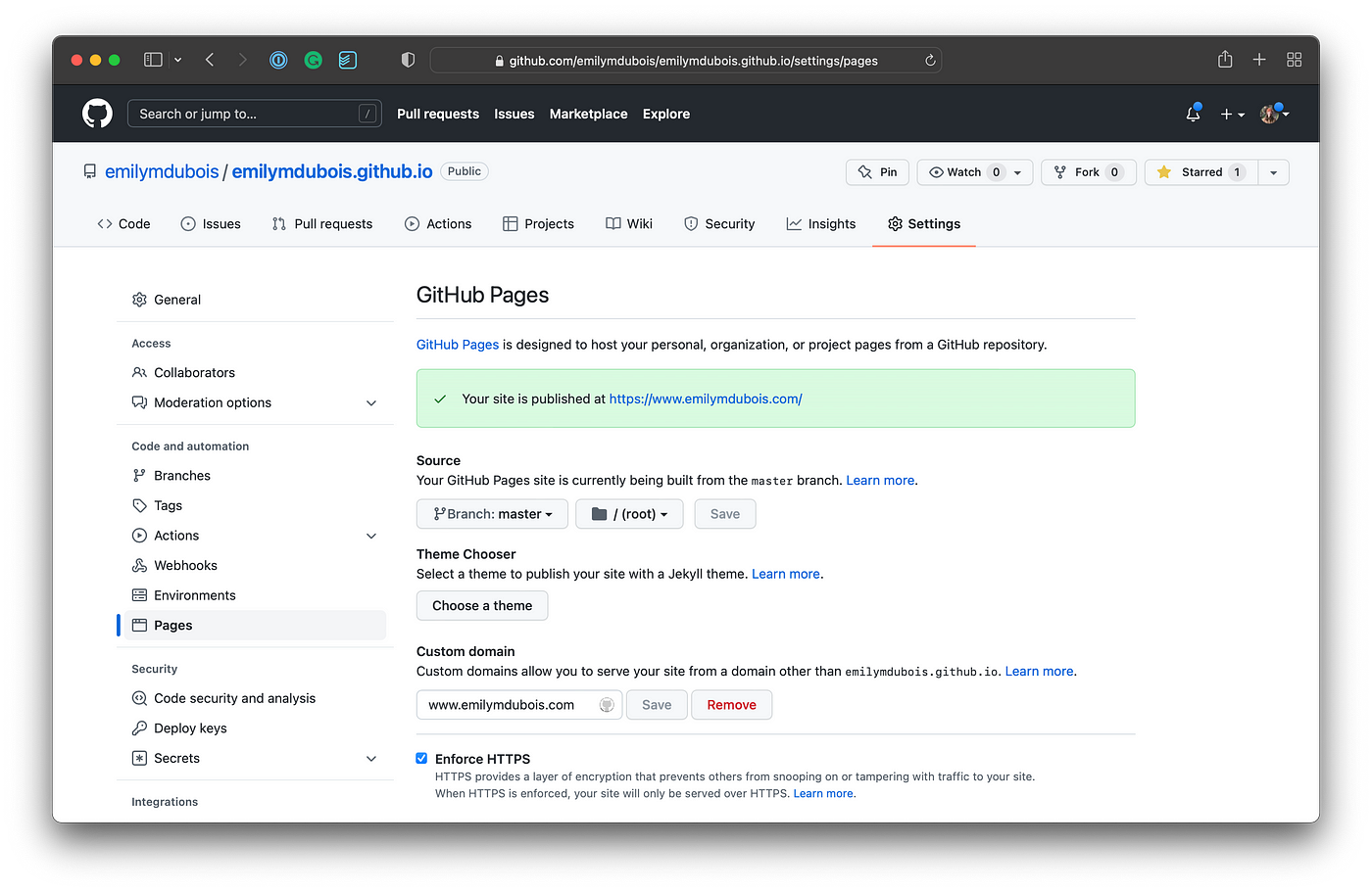 GitHub Pages settings for a user.github.io repository published to a custom domain.