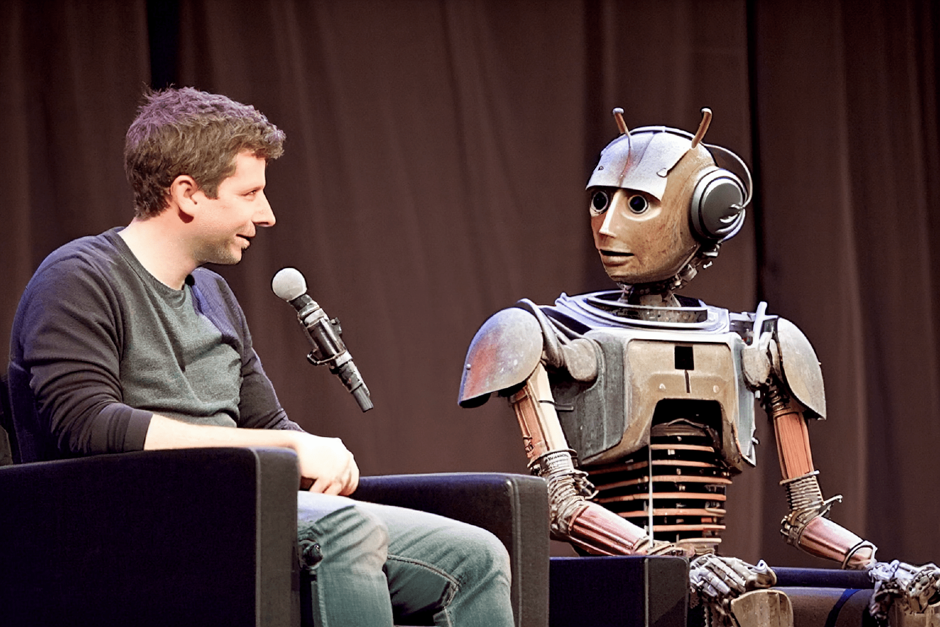 注：这是我让 Midjourney 画的 Sam Altman 和机器人开一个座谈会的图片，除了那个在空中漂浮的话筒，其余的一切都好像真的一样。